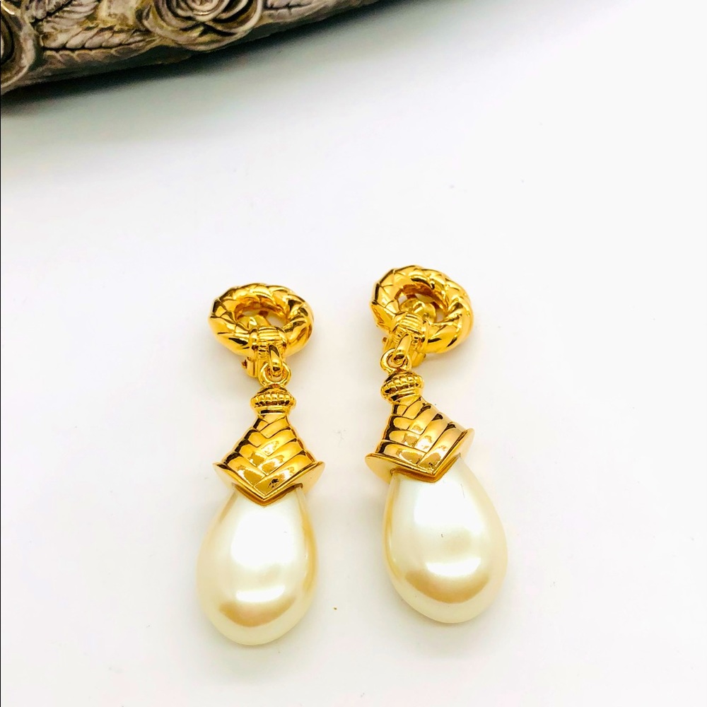 Designer Signed Vintage Pearl Drop Earrings